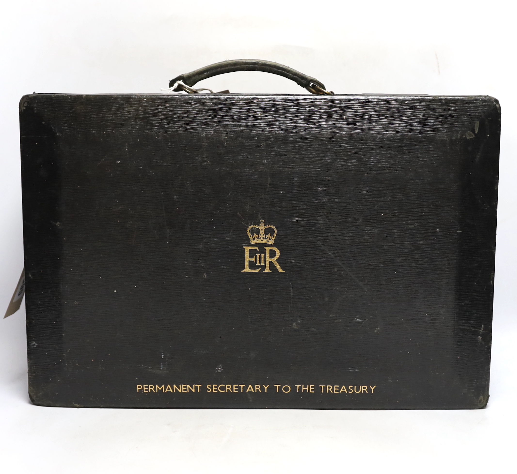 A black treasury box with, inscribed in gilt Permanent Secretary to the Treasury with ERII cypher, 46cm wide